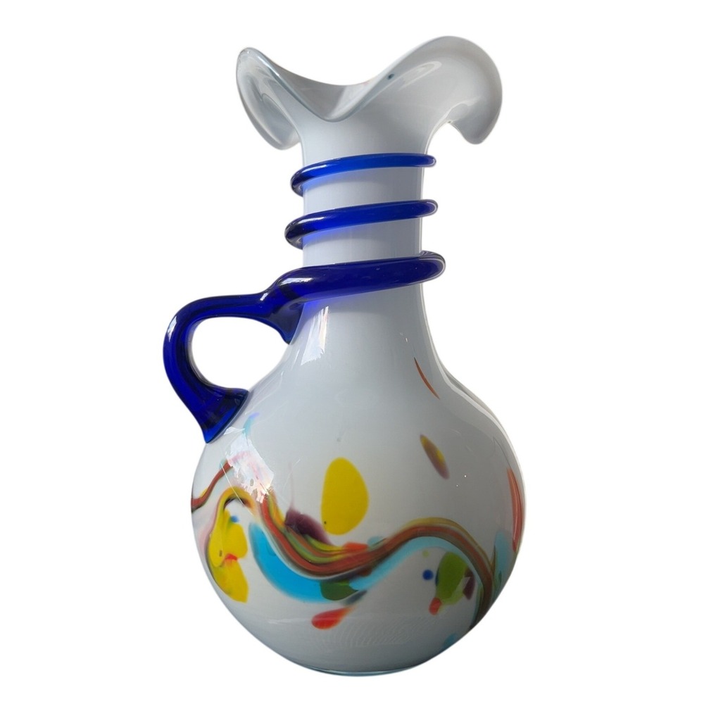 MCM Murano Art Glass Ruffled Top Vase w applied cobalt blue roping and handle